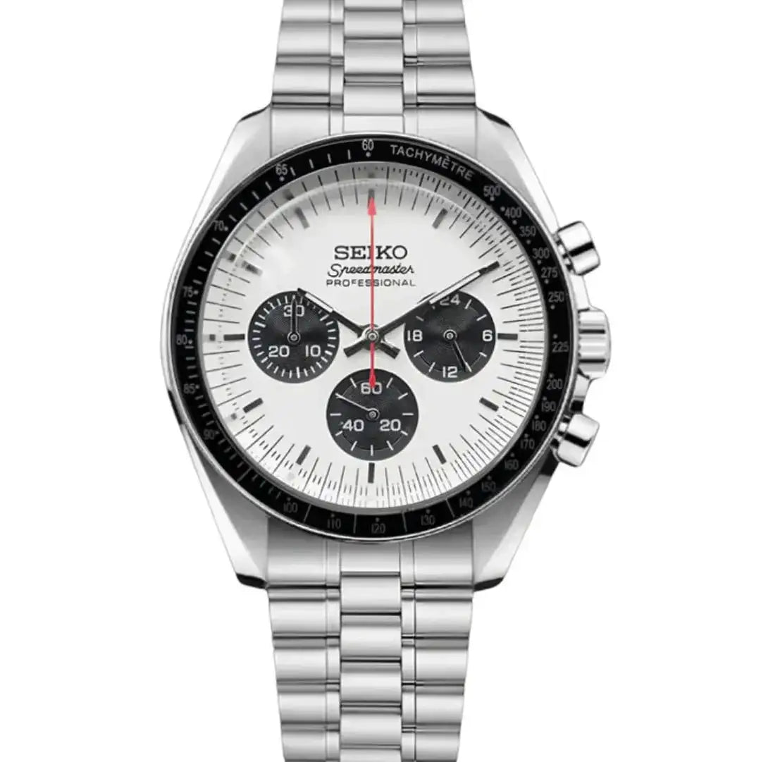 White dial Seiko mod chronograph watch with black subdials and stainless steel bracelet