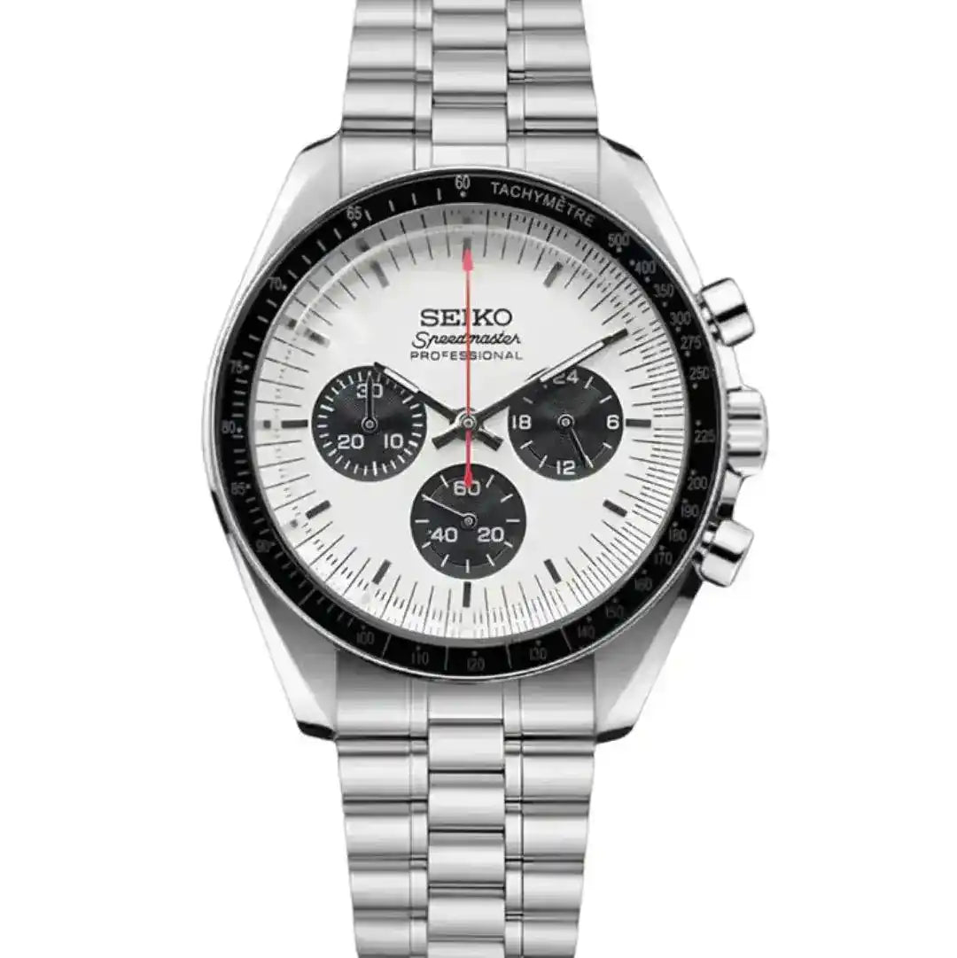 White dial Seiko mod chronograph watch with black subdials and stainless steel bracelet