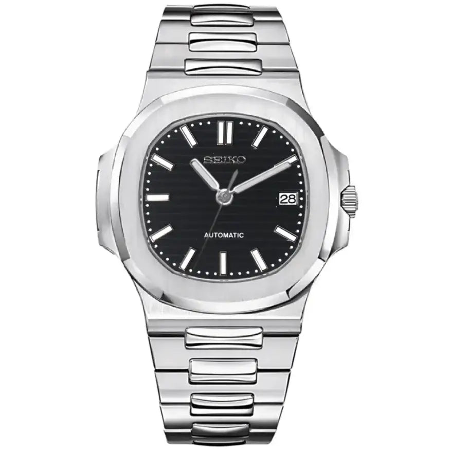 Stainless steel automatic watch with black dial, date window, and silver bracelet