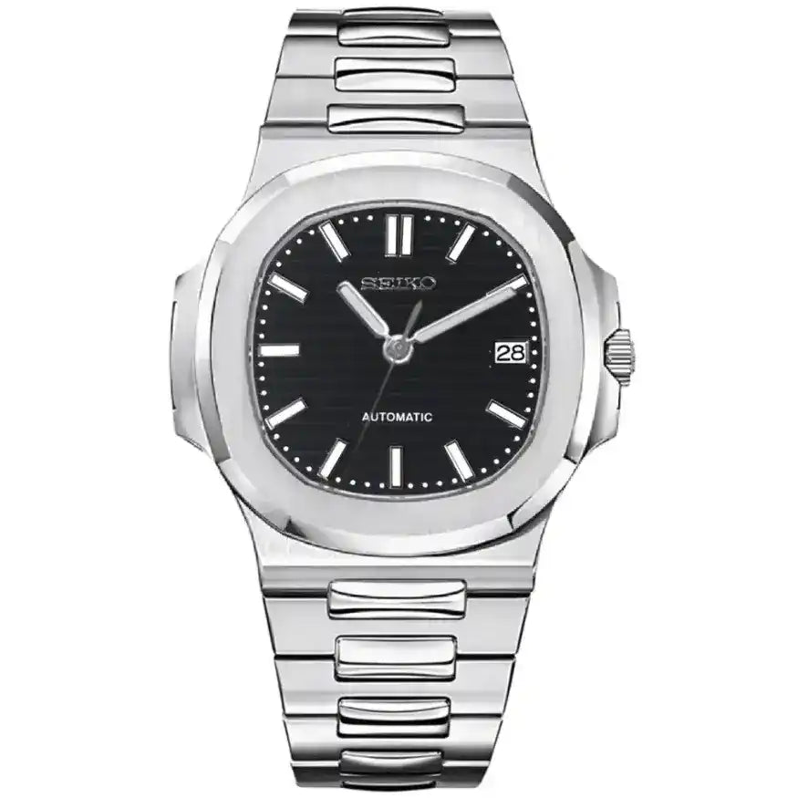 Stainless steel automatic watch with black dial, date window, and silver bracelet