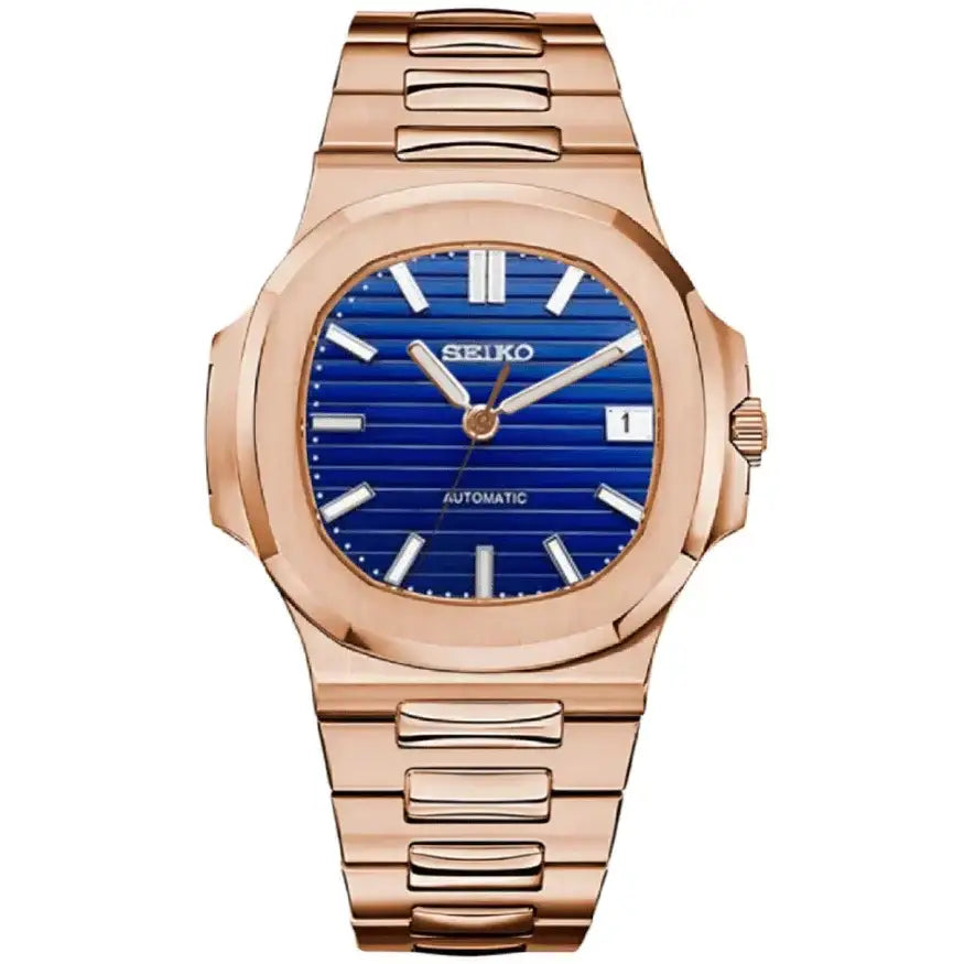 Rose gold Seiko mod watch with blue dial and date display, stainless steel bracelet