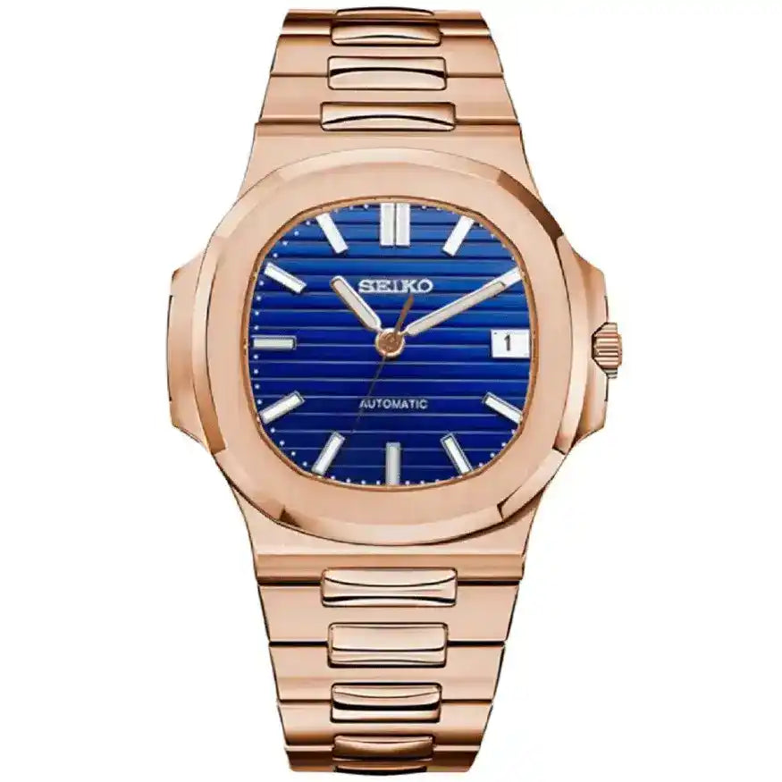 Rose gold Seiko mod watch with blue dial and date display, stainless steel bracelet