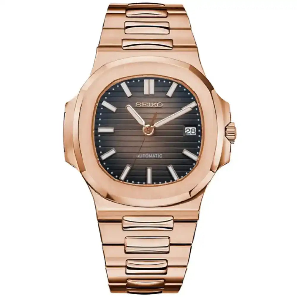 Rose gold Seiko mod watch with brown dial, luminous markers, and metal bracelet