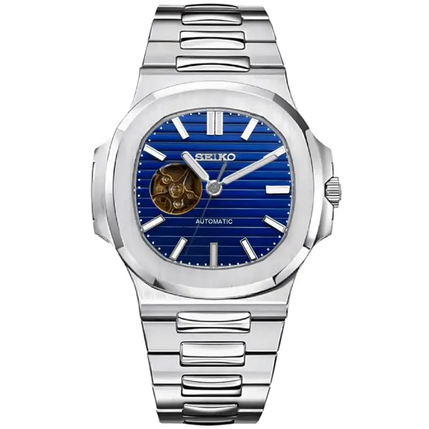 Dark blue open-heart automatic watch with silver case and bracelet, striped dial design.