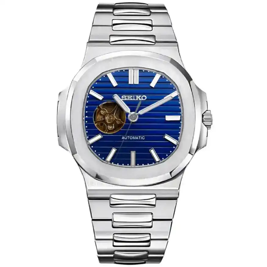 Dark blue open-heart automatic watch with silver case and bracelet, striped dial design.