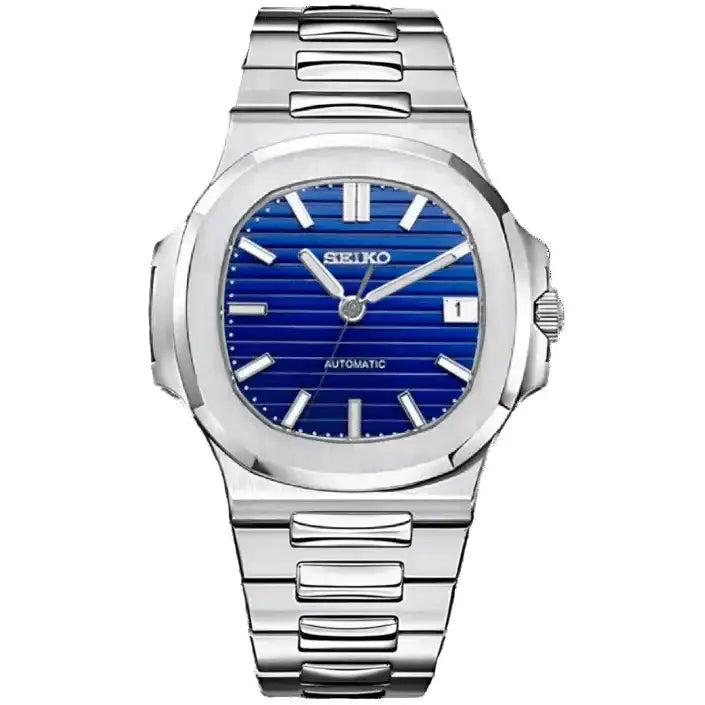 Automatic watch with royal blue dial, silver markers, date window, and stainless steel bracelet