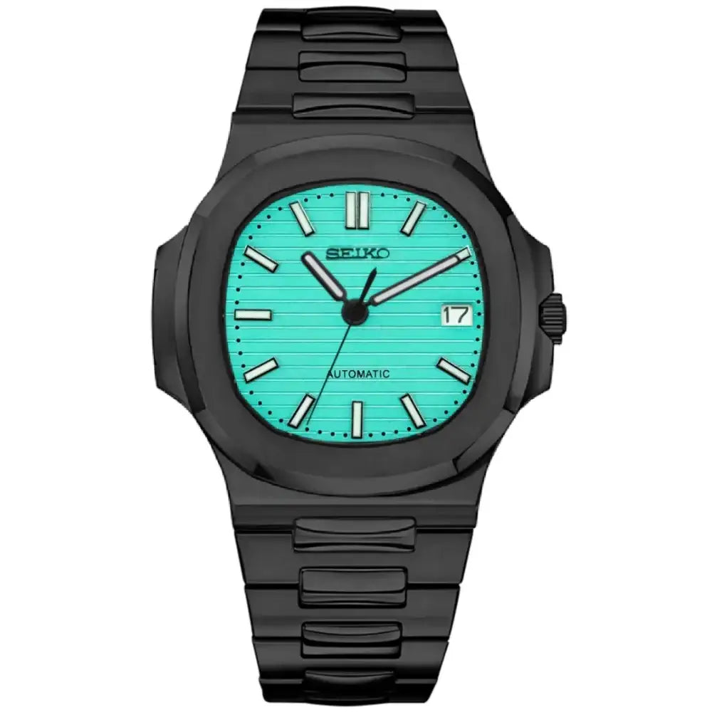 Seiko mod watch with tiffany blue dial, black case, automatic movement, and date display