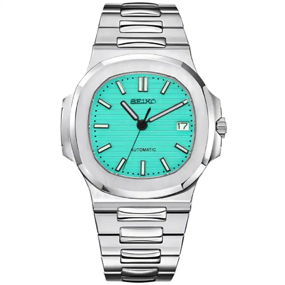 Silver automatic watch with Tiffany blue dial, luminous markers, and date display