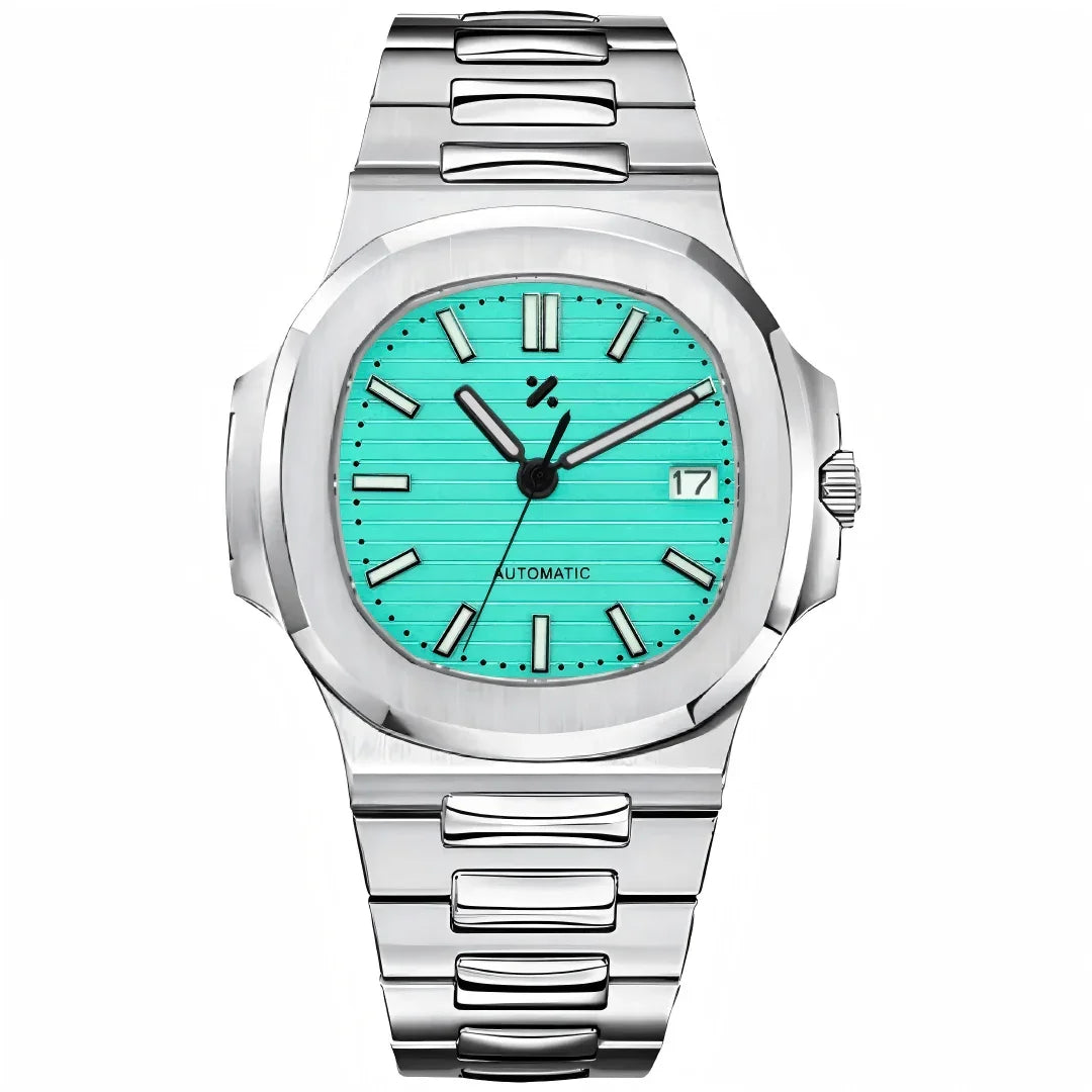 Silver automatic watch with a tiffany blue dial and date window on stainless steel bracelet
