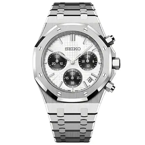 Silver Seiko mod VK63 chronograph watch with panda dial and stainless steel bracelet.
