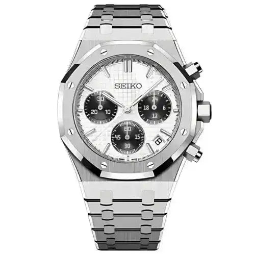 Silver Seiko mod VK63 chronograph watch with panda dial and stainless steel bracelet.