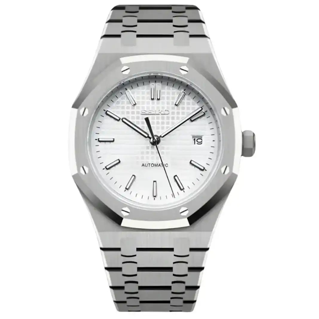 Silver stainless steel Seiko mod watch with white textured dial and date display