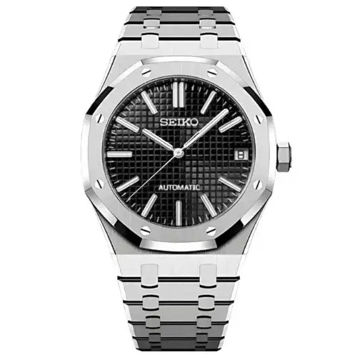 Monochrome Seiko mod watch with NH35 automatic movement, black waffle dial, silver case