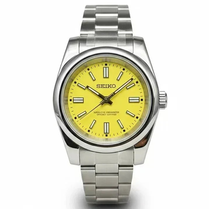 Stainless steel watch with a vibrant yellow dial and black hour markers