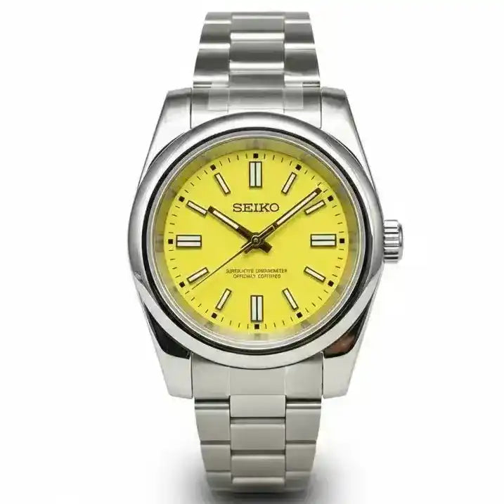 Stainless steel watch with a vibrant yellow dial and black hour markers