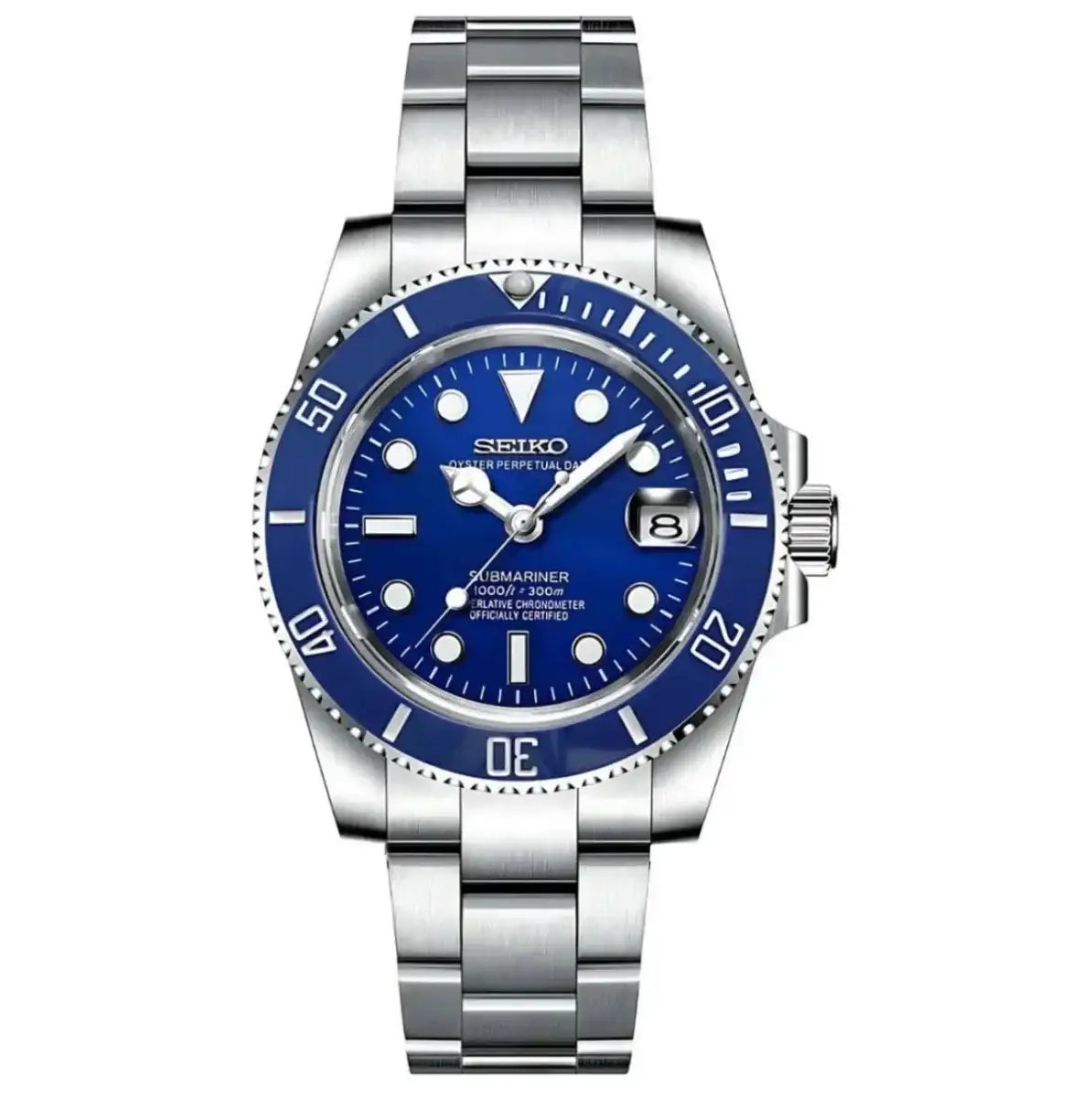 Automatic stainless steel watch with blue dial, blue bezel, and date display