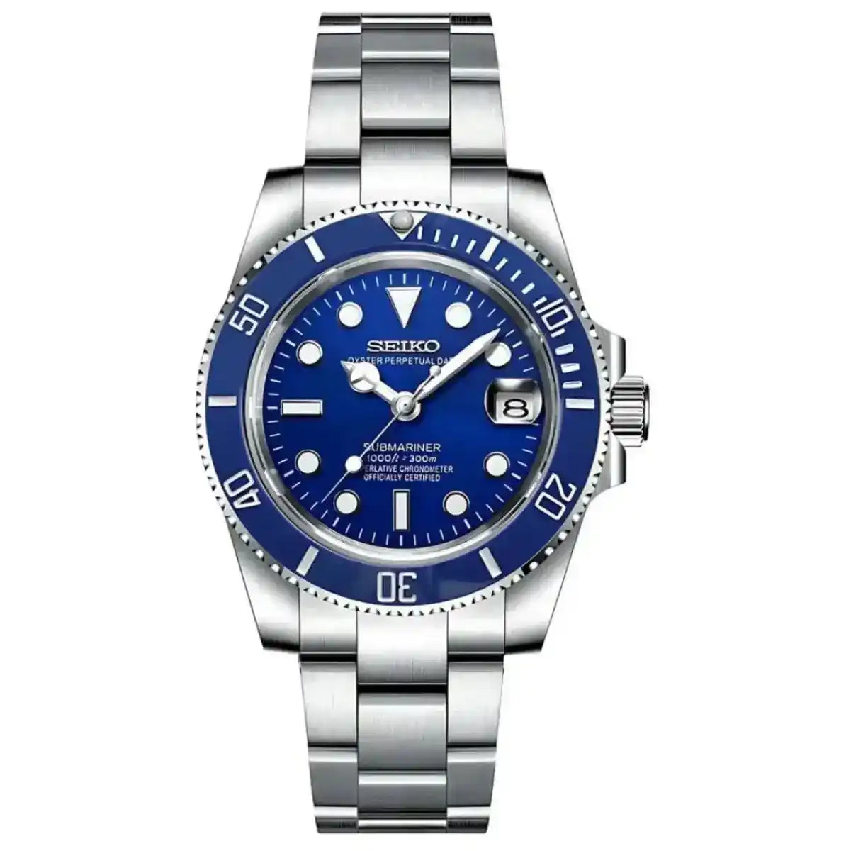 Automatic stainless steel watch with blue dial, blue bezel, and date display