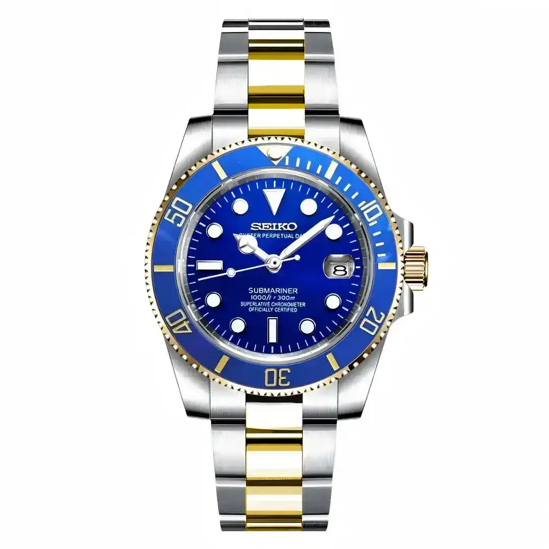 Marine blue two-tone Seiko mod watch with gold and silver bracelet, blue bezel, and date display.