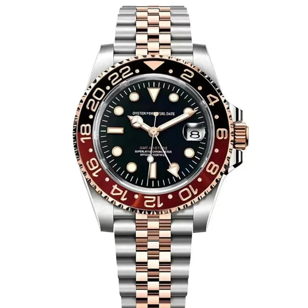 Two-tone stainless steel and rose gold luxury GMT watch with black bezel and date display