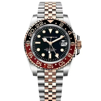 Two-tone stainless steel and rose gold luxury GMT watch with black bezel and date display
