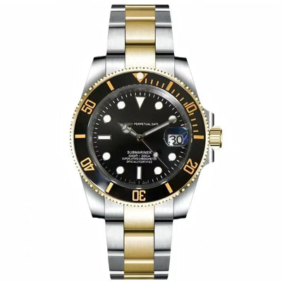 Luxury two-tone dive watch with black bezel, black dial, gold and silver metal strap