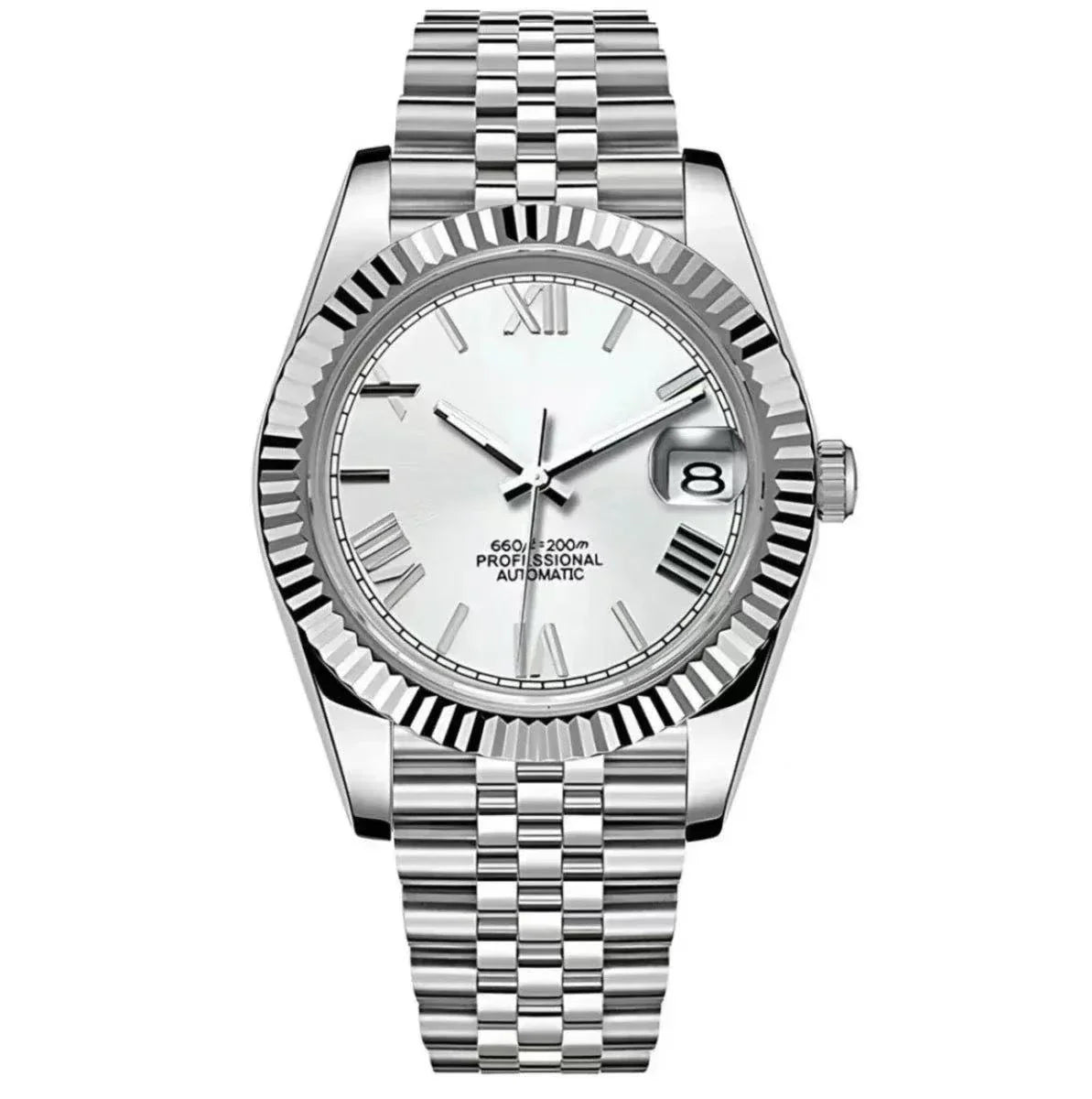 Silver automatic watch with Roman numeral markers, fluted bezel, and metal bracelet.