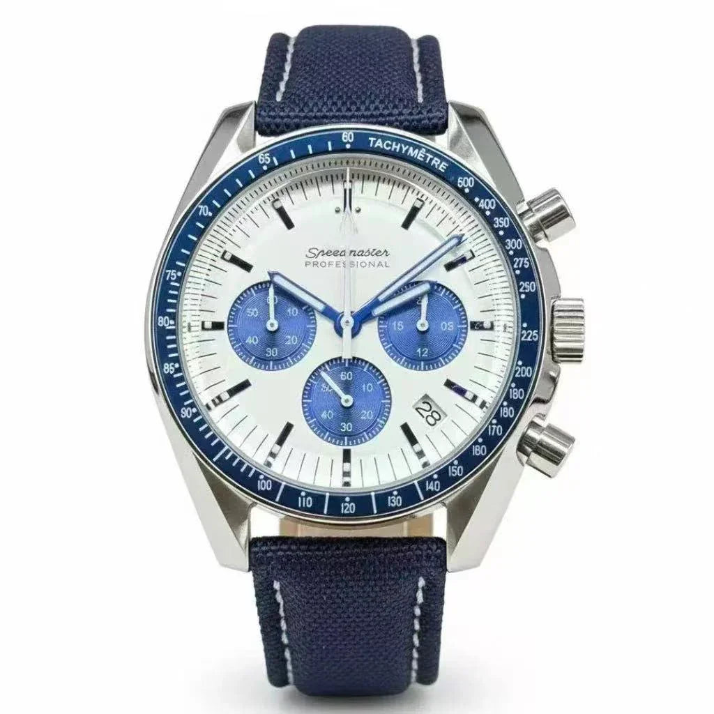 Blue and white chronograph watch with tachymeter bezel and navy fabric strap