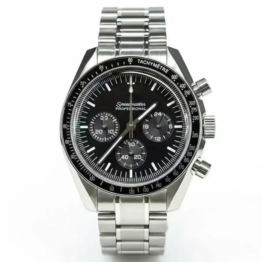 Stainless steel chronograph watch with black dial, tachymeter bezel, and three subdials.