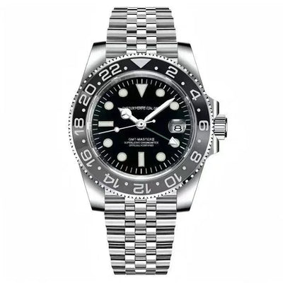 Stainless steel GMT mod watch with black dial, sapphire crystal, silver jubilee bracelet