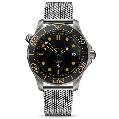 Automatic diver's watch with black dial, luminous markers, mesh steel strap, and date display