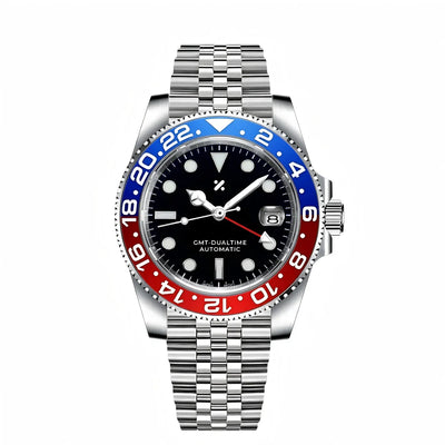 Stainless steel GMT automatic watch with blue and red bezel, black dial, and jubilee bracelet