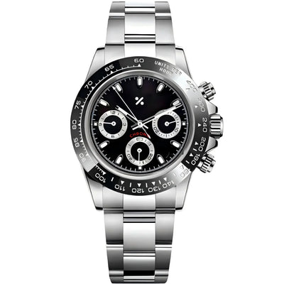 Stainless steel chronograph watch with black panda dial and silver subdials