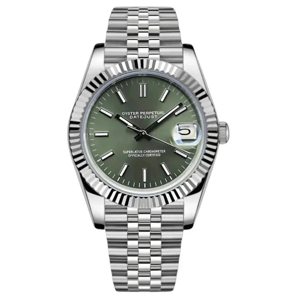 Silver stainless steel watch with green dial, fluted bezel, and date display on bracelet strap
