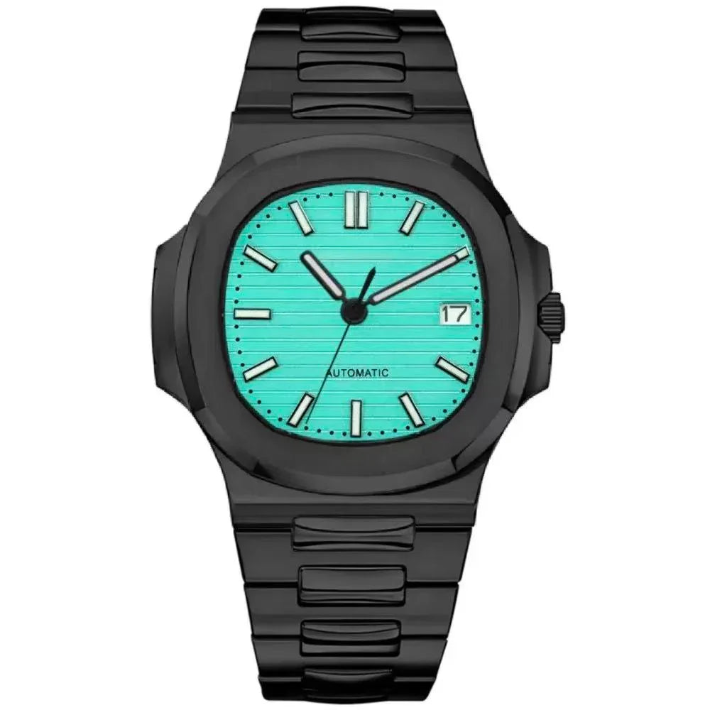 Black metal wristwatch with turquoise dial, silver hour markers, and date display