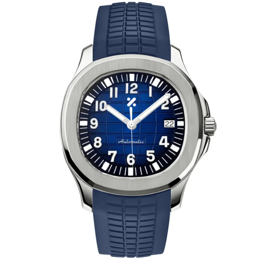 Blue grid dial custom mod watch with blue rubber strap, stainless steel case, from Watchbrick