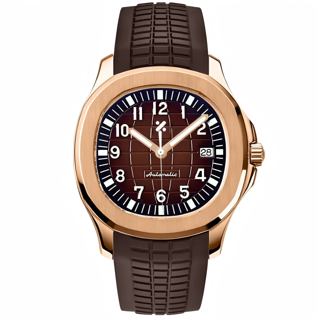 Rose gold custom mod watch with brown dial and rubber strap from Watchbrick