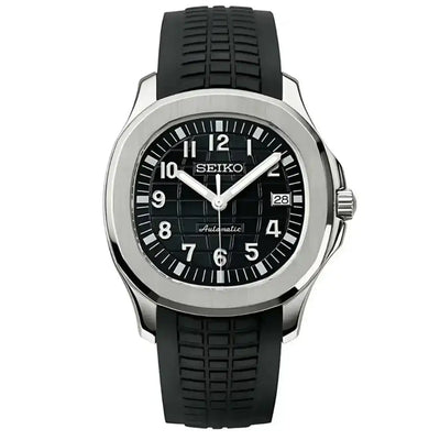 Black Seiko mod watch with automatic movement, textured dial, and black rubber strap.