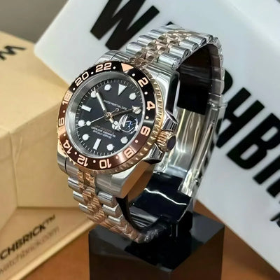 Luxury two-tone stainless steel and rose gold GMT watch with black dial and date display