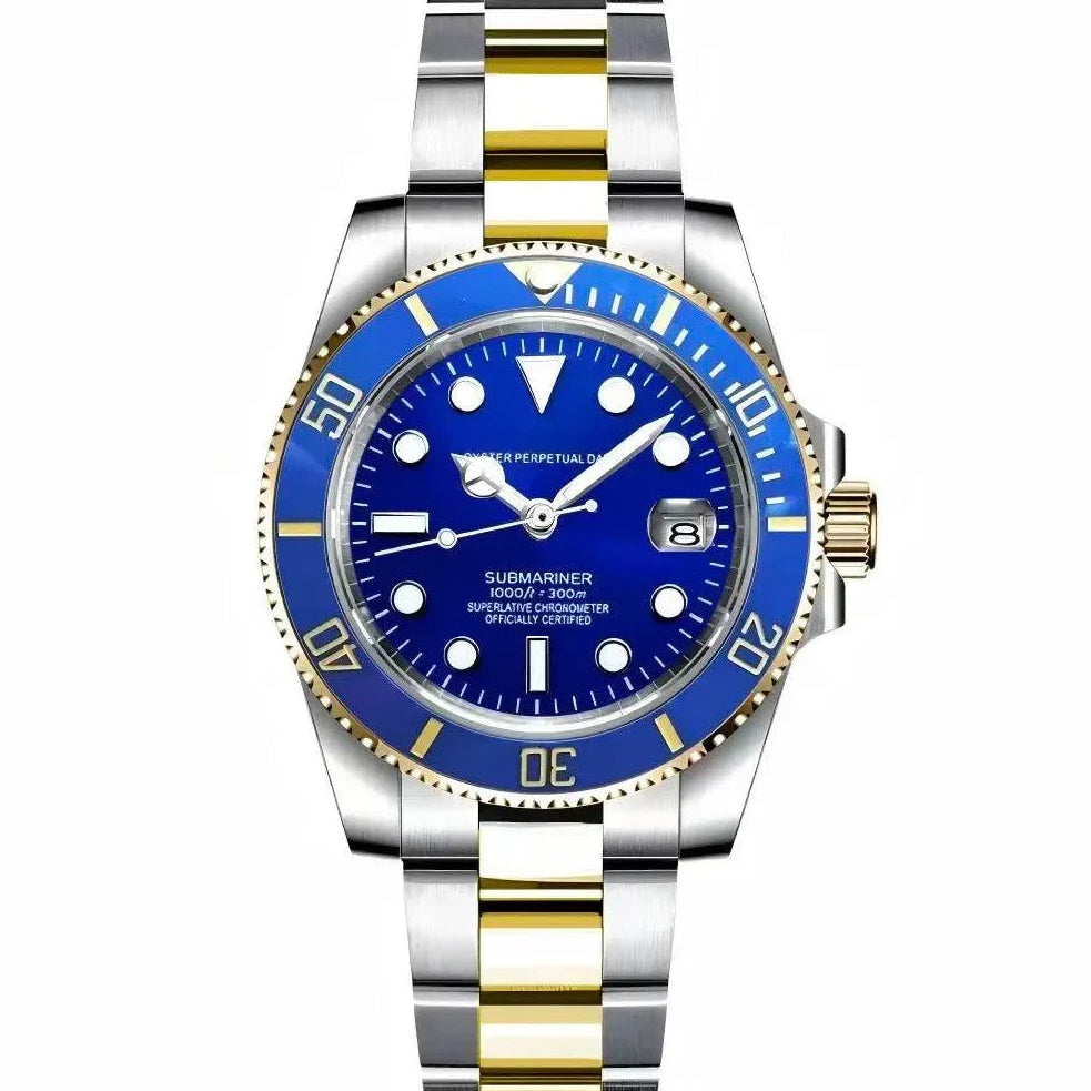 Luxury dive watch with blue dial, gold accents, and stainless steel bracelet