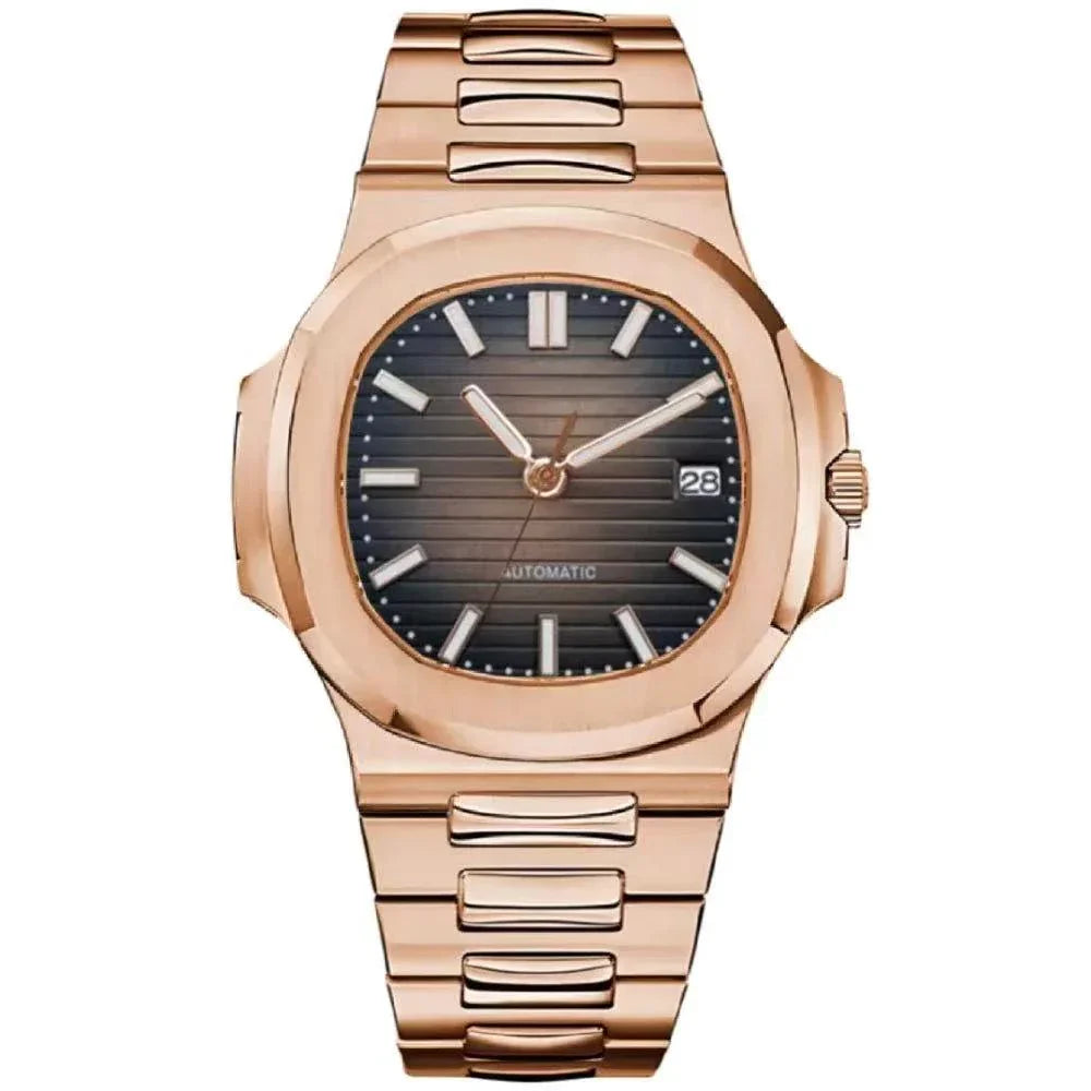 Rose gold luxury watch with black dial, date display, and metal bracelet band
