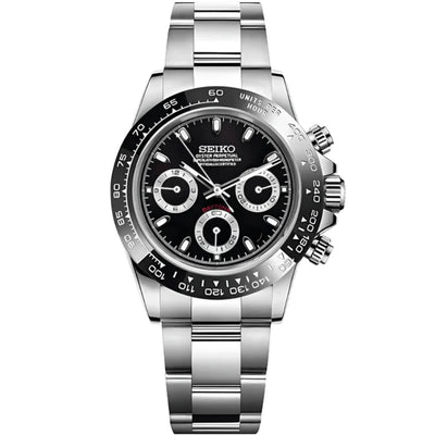 Seiko mod VK63 chronograph watch with black panda dial and stainless steel bracelet