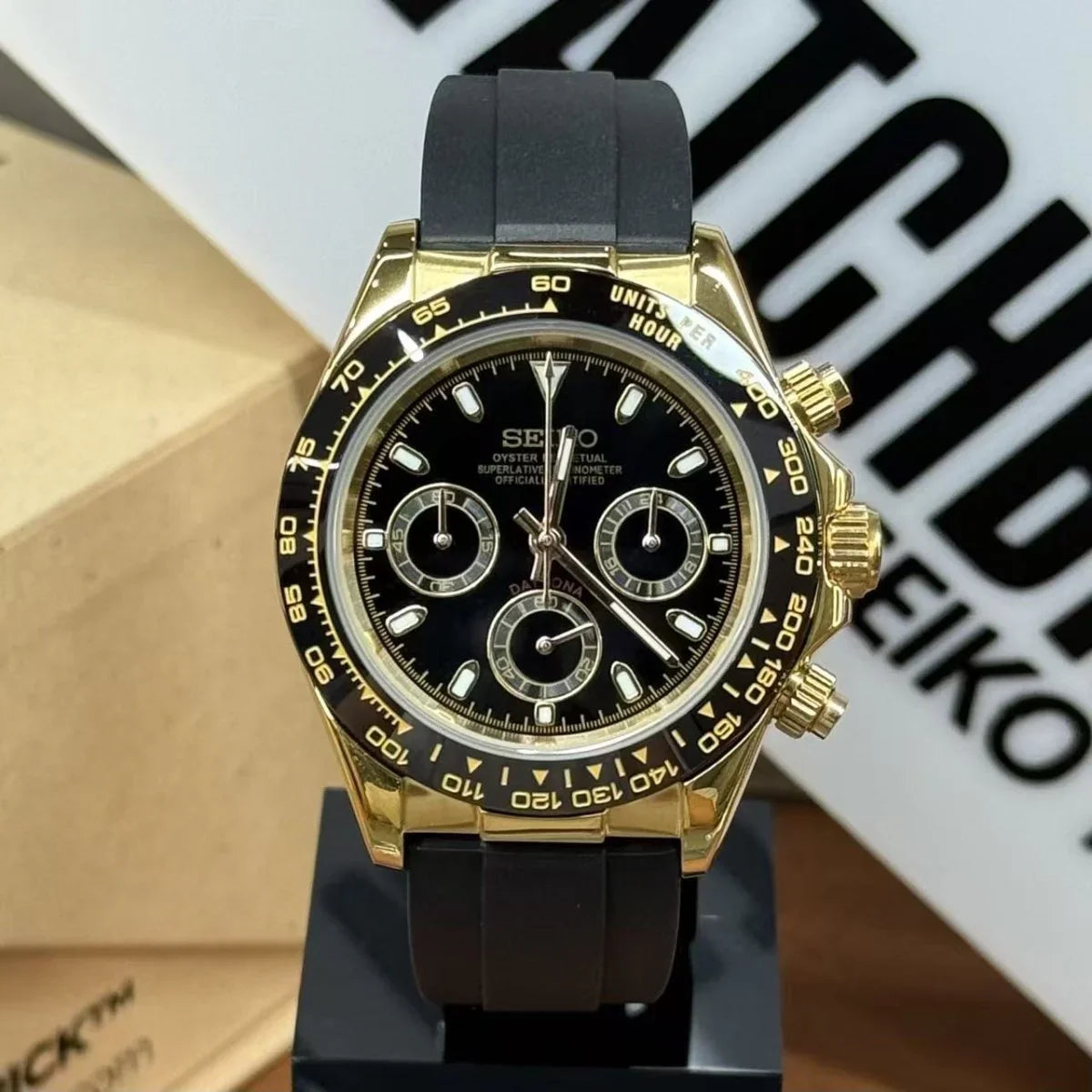 SEIKTONA | Yellow Gold Black Rubber VK63 - WB MOD WATCHES