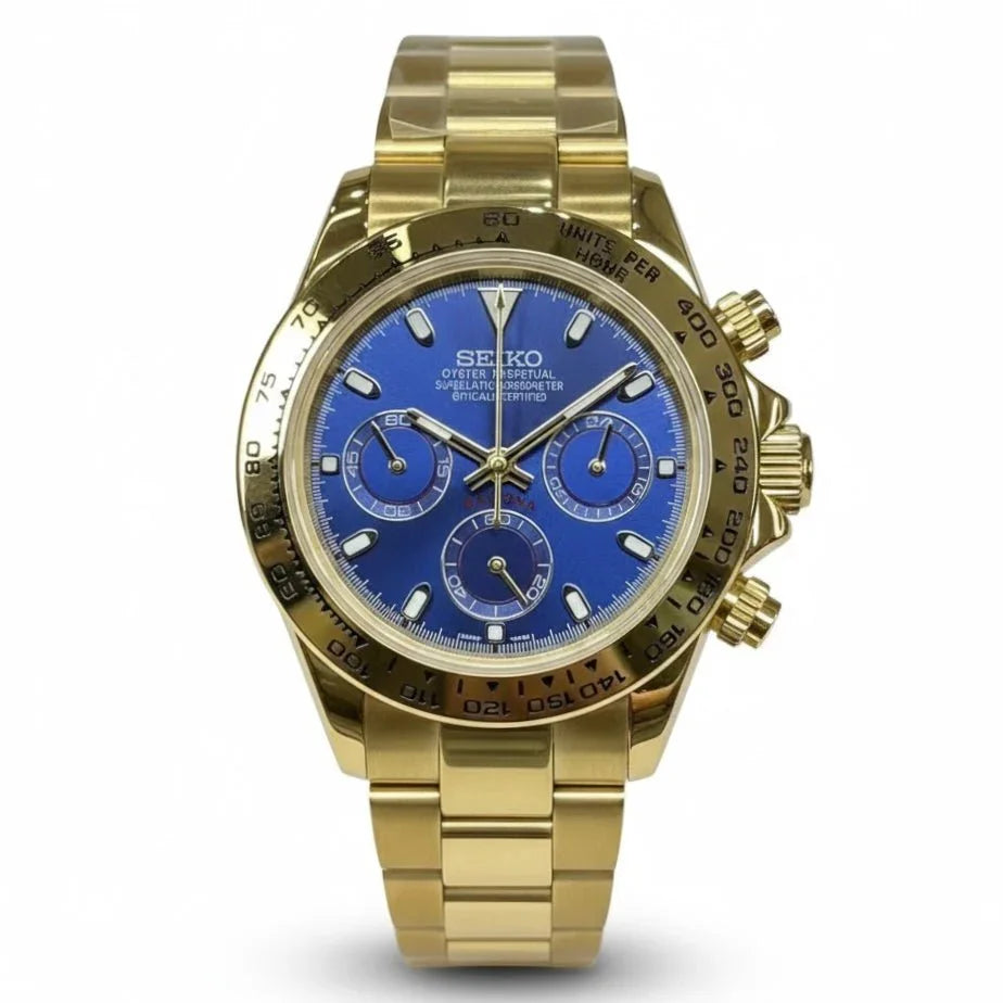 SEIKTONA | Yellow Gold Blue VK63 - WB MOD WATCHES