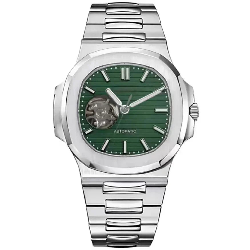 Stainless steel automatic watch with green dial, open-heart design, and metal link bracelet.