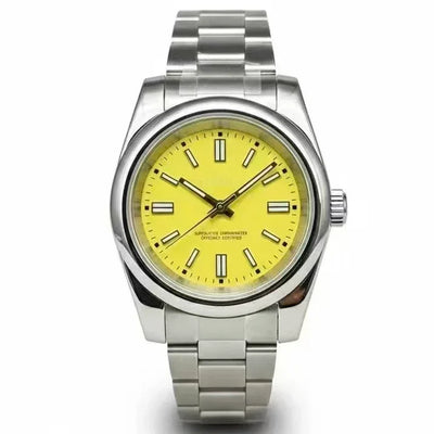 Stainless steel wristwatch with a bright yellow dial and luminous hour markers