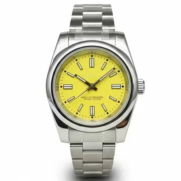 Stainless steel wristwatch with a bright yellow dial and luminous hour markers
