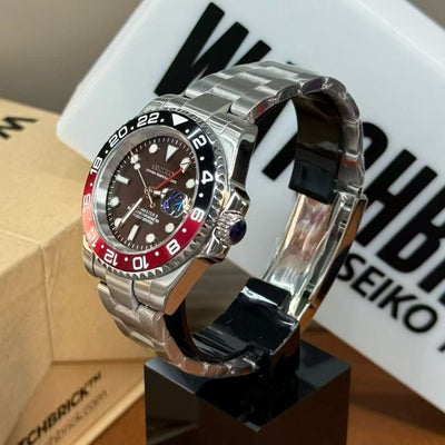 Seiko mod GMT Coke bezel watch with stainless steel bracelet and dual time display