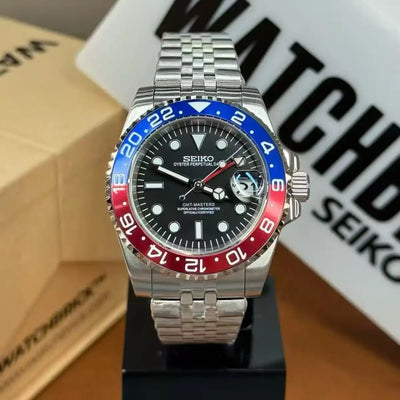 Seiko mod watch with Pepsi bezel, dual time, stainless steel bracelet, black dial