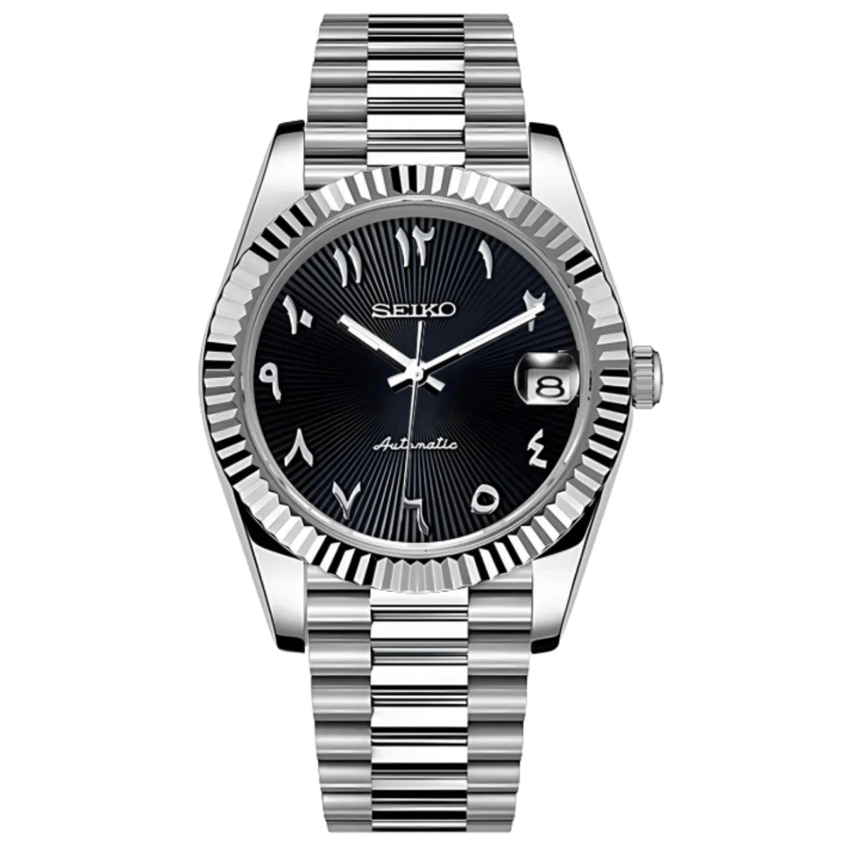 Silver Seiko mod watch with black dial, Arabic numerals, date window, and stainless steel band