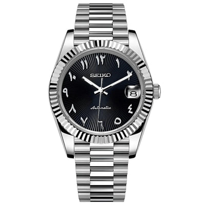 Silver Seiko mod watch with black dial, Arabic numerals, date window, and stainless steel band